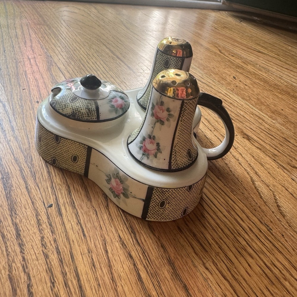 Vintage Hand-painted Condiment Set | Art Deco Chintz Salt & Pepper 1940s‎